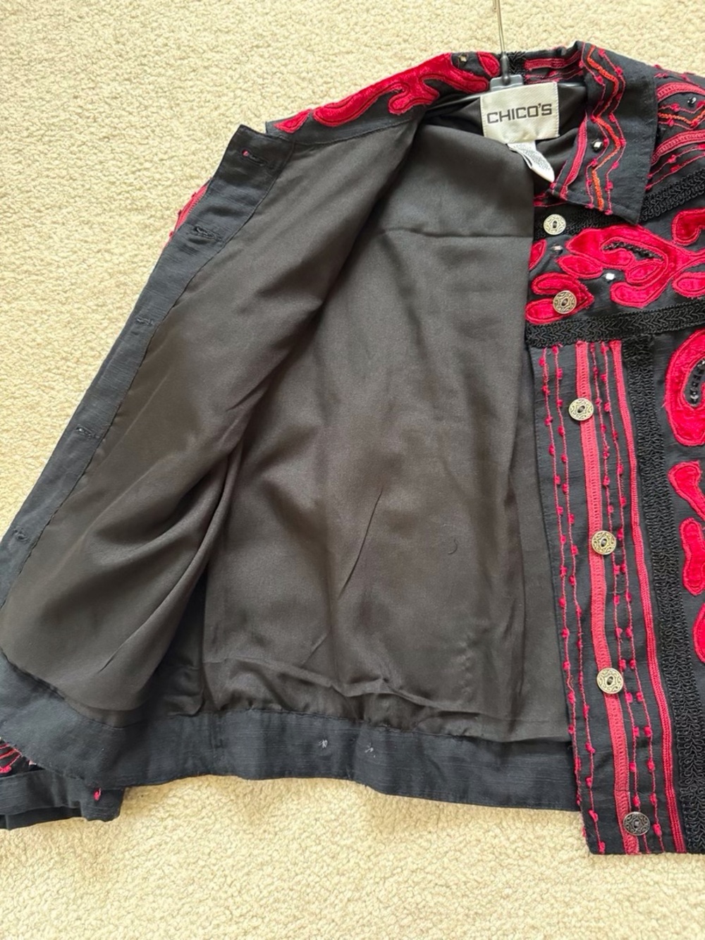 Chico's Black Jacket with Red Embroidered Trim